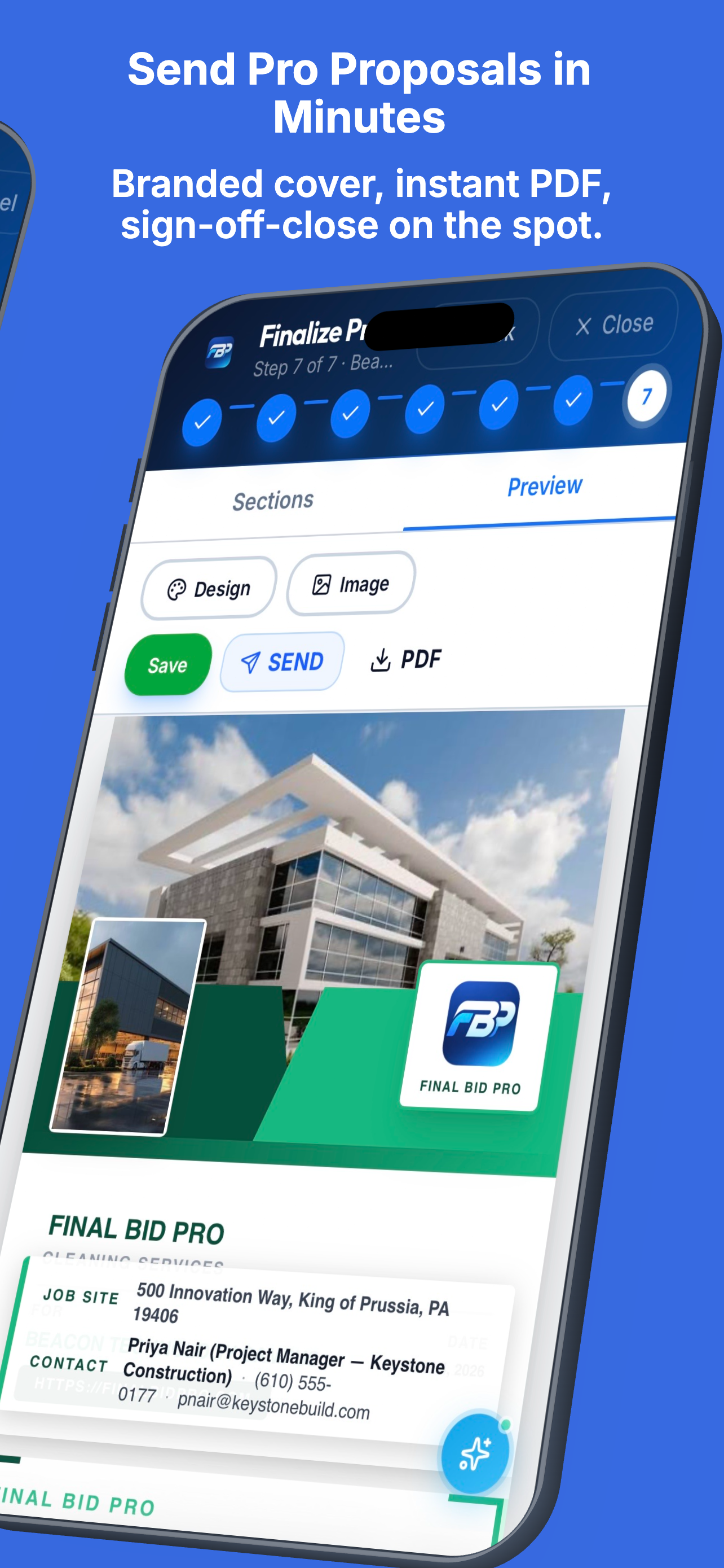 Send pro proposals in minutes — branded cover, instant PDF, sign-off on the spot