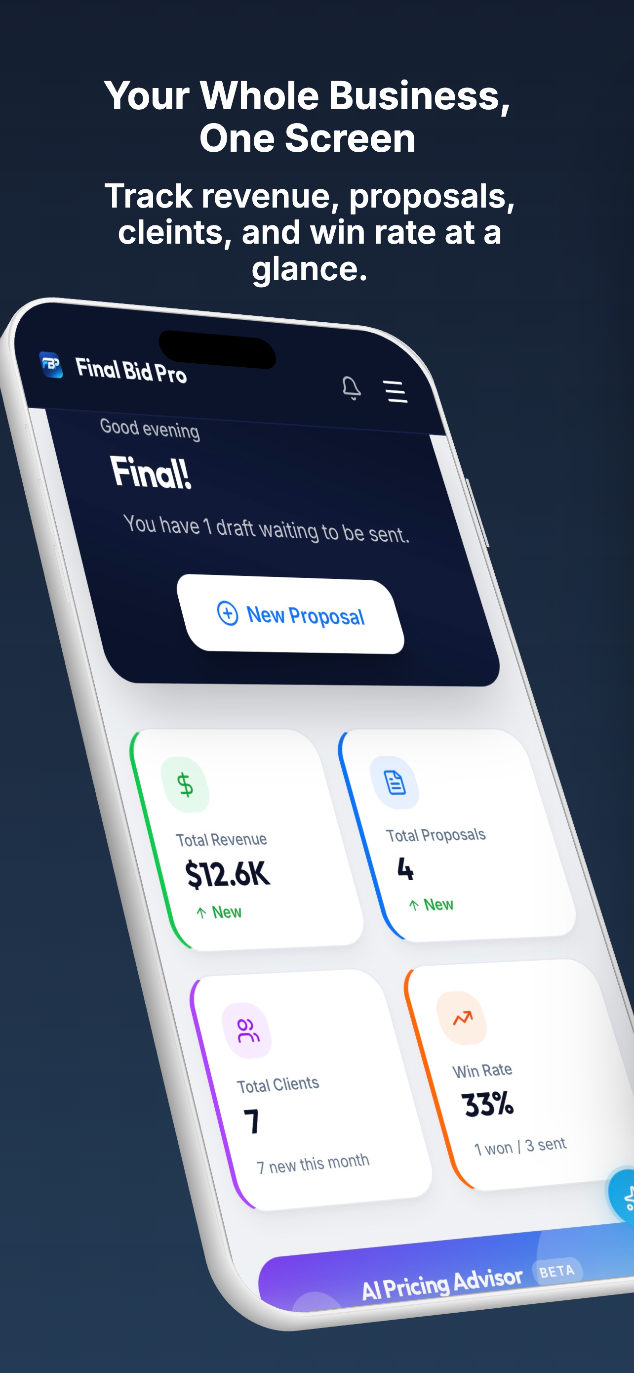 Final Bid Pro dashboard — track revenue, proposals, clients, and win rate at a glance