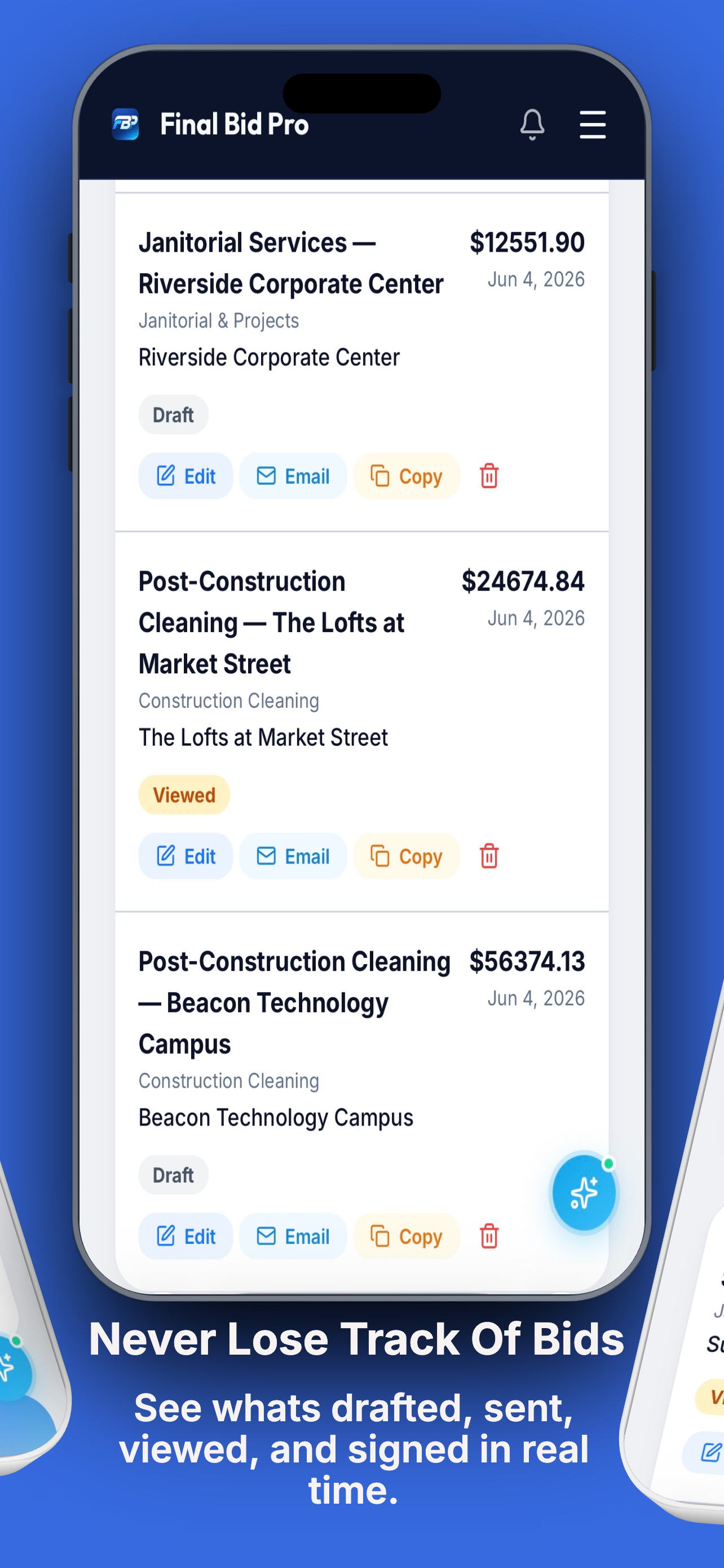 Proposal list — see what's drafted, sent, viewed, and signed in real time