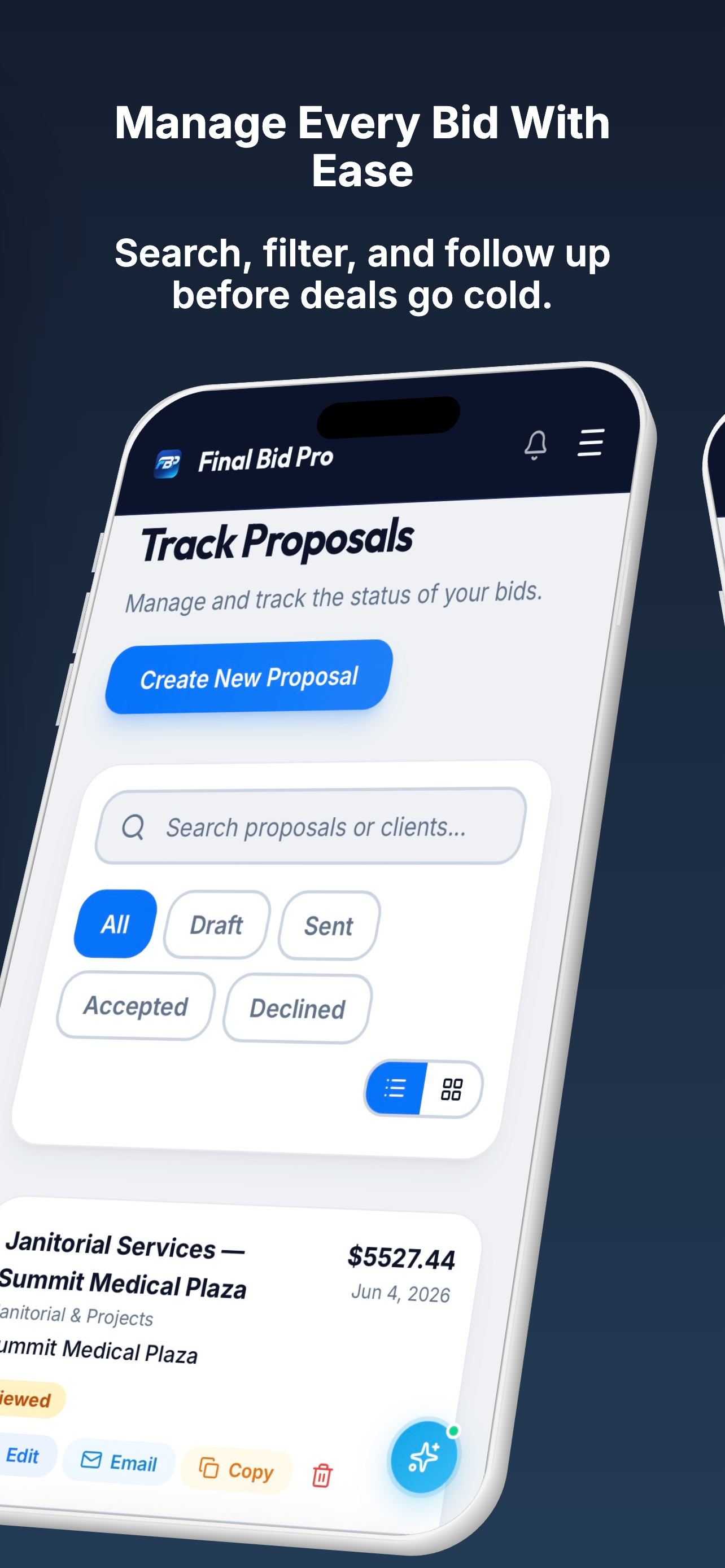 Track proposals — search, filter, and follow up before deals go cold