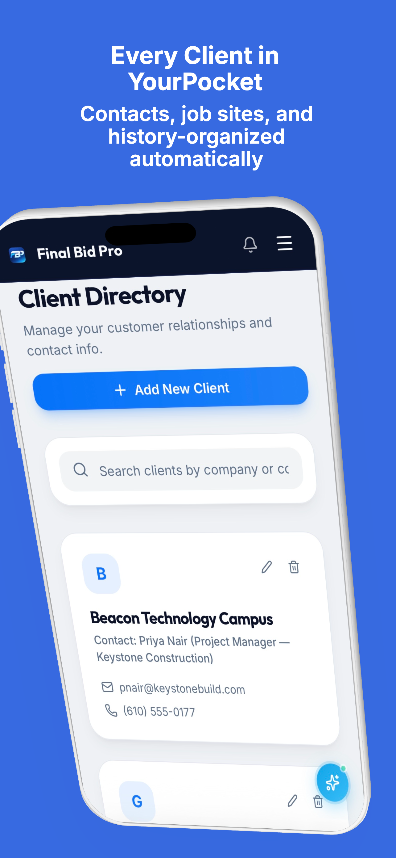 Client directory — contacts, job sites, and history organized automatically