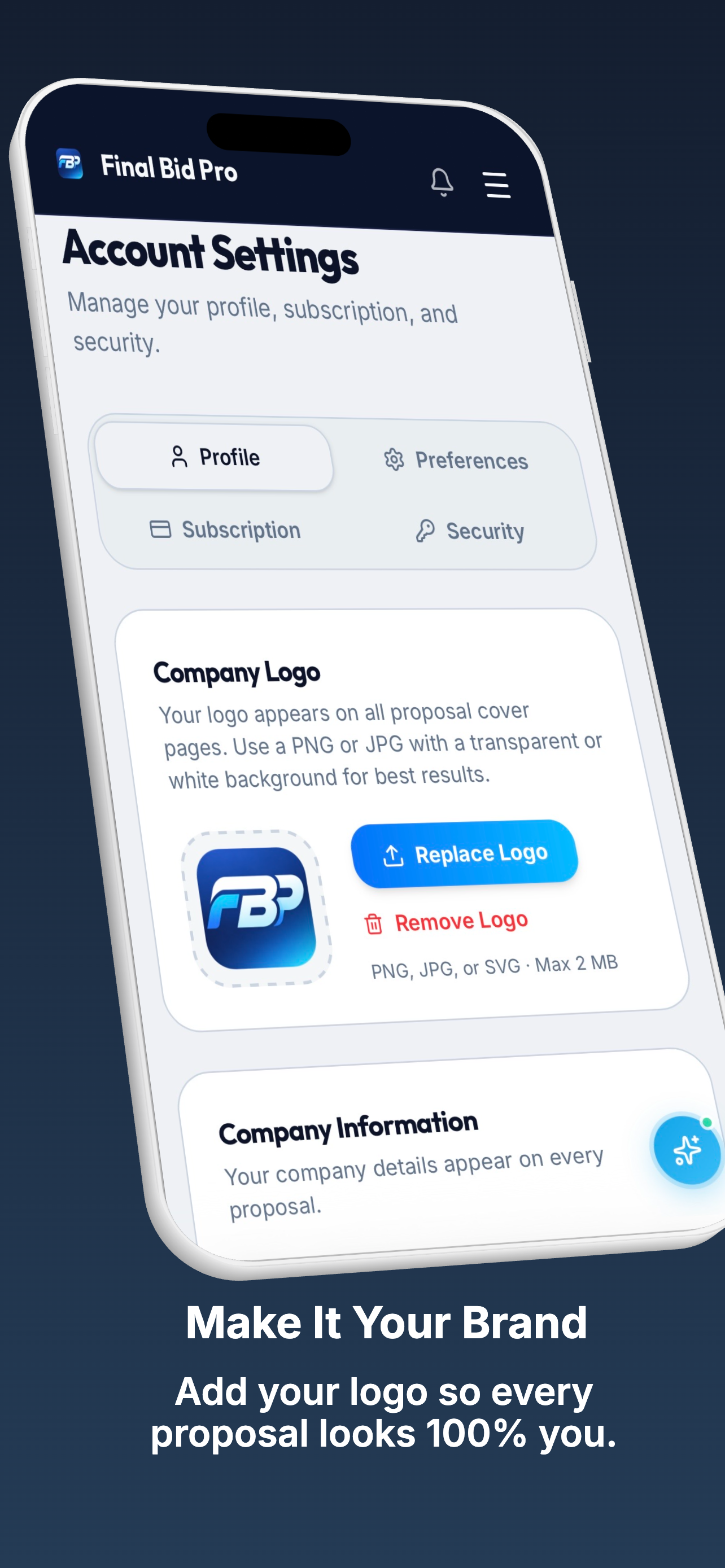 Account settings — add your logo so every proposal looks 100% you