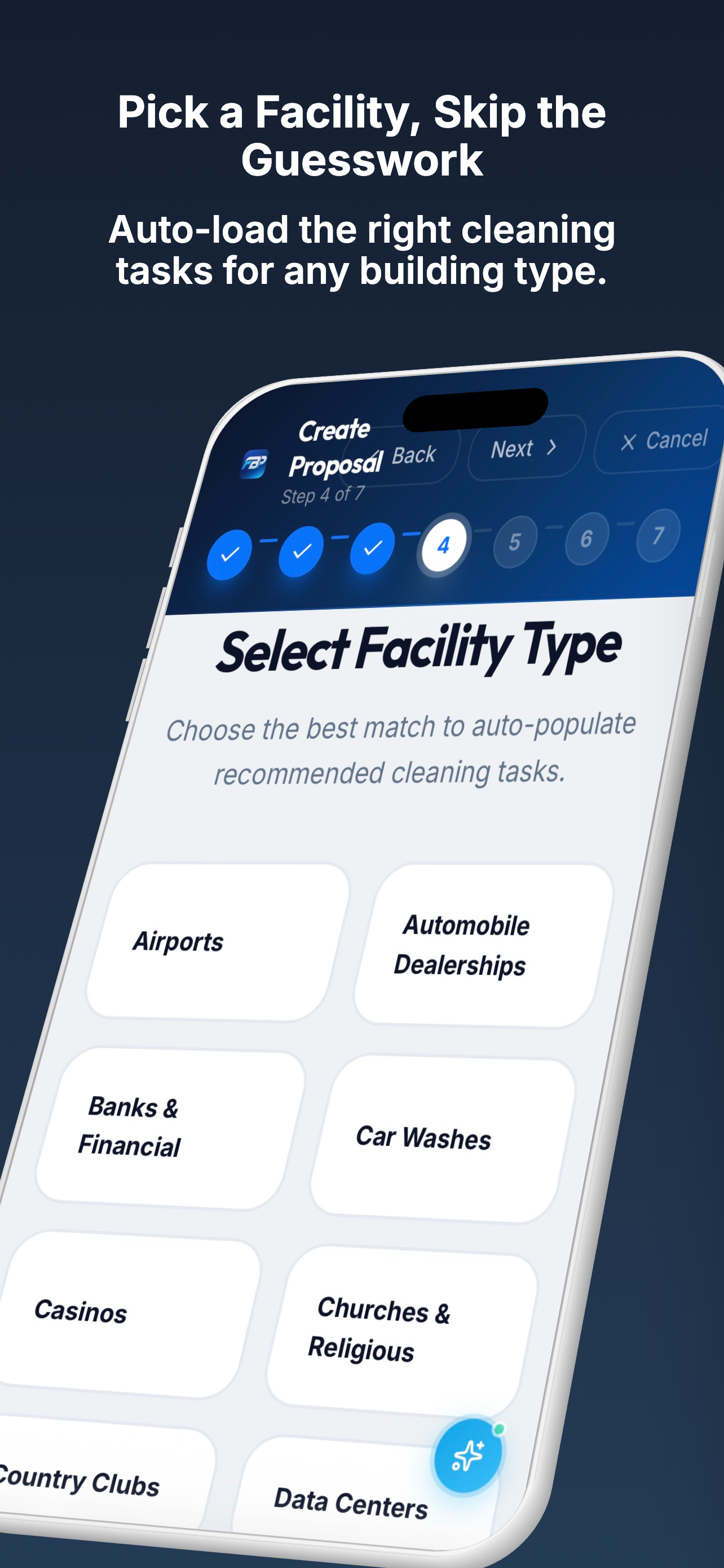 Select facility type — auto-load the right cleaning tasks for any building