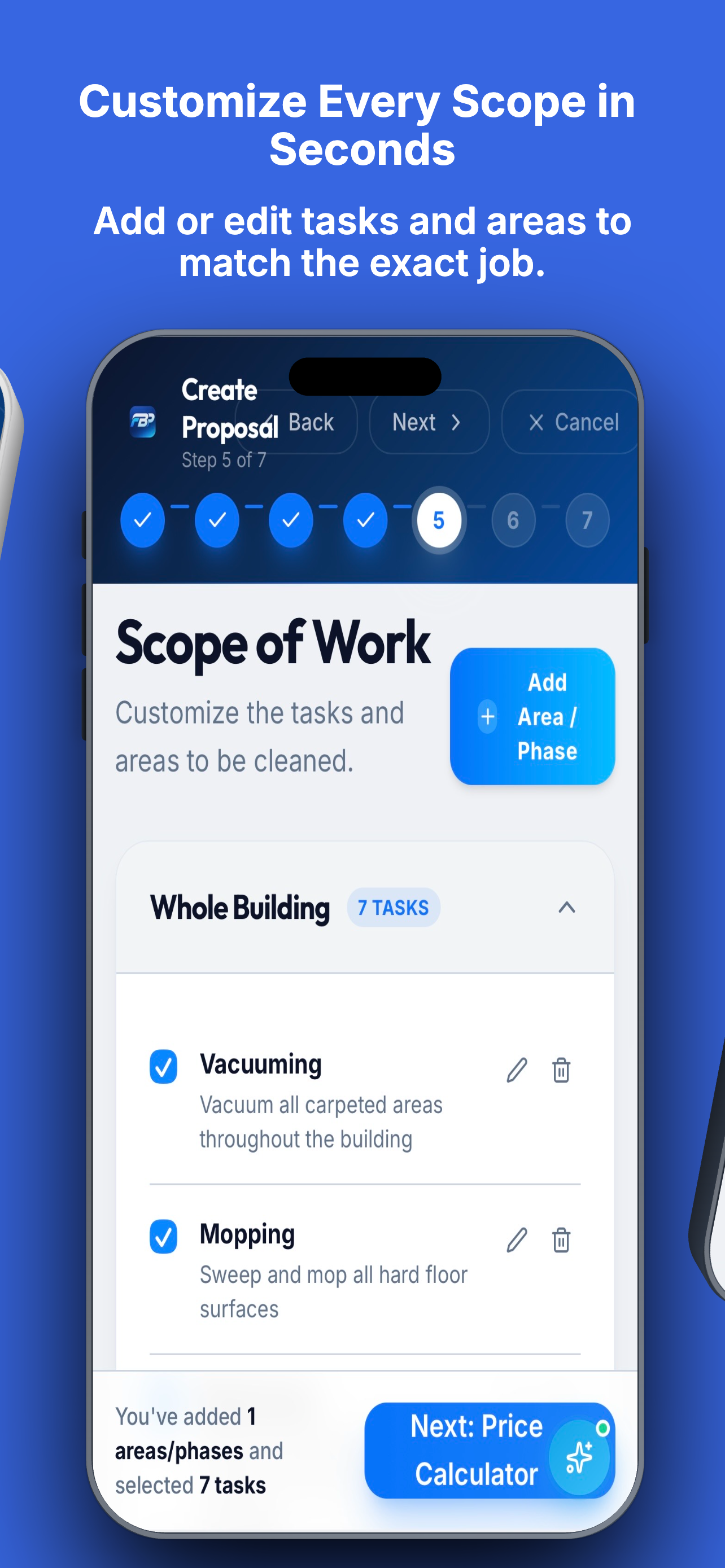 Scope of work — add or edit tasks and areas to match the exact job